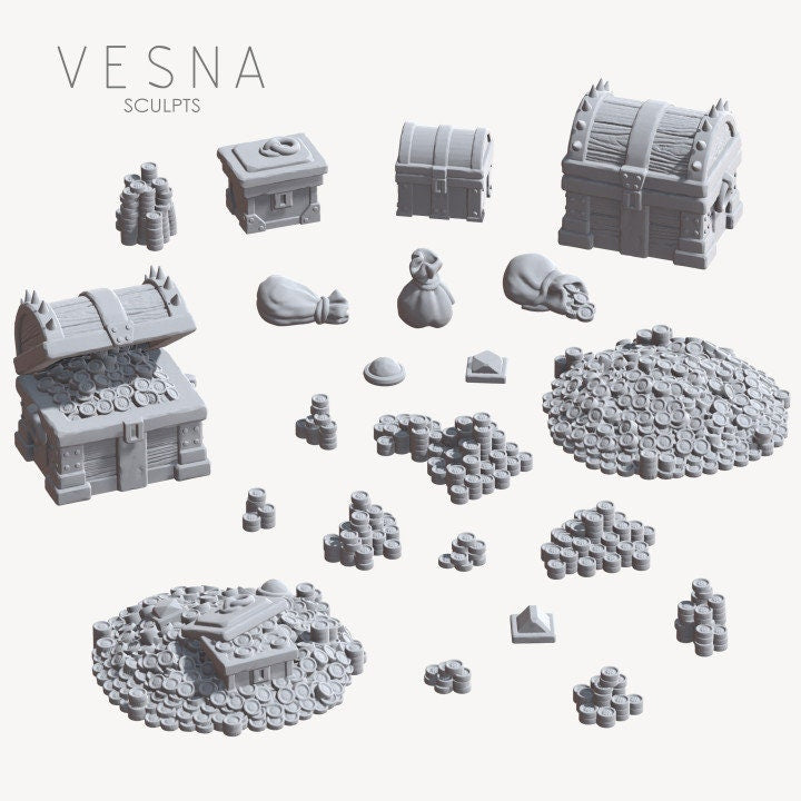 
DnD Treasure Chest DnD Dungeons and Dragons Treasure Scatter Terrain 20/28mm/32mm Treasures and Riches Miniature Set Basing Bits Basing RPG