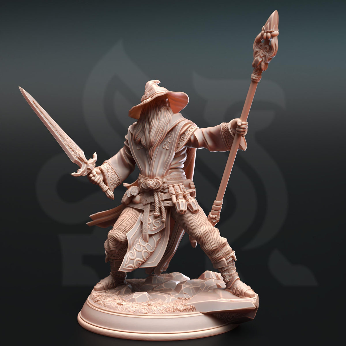 
A Powerful Wizard Armed with A Sword and Magical Staff for DnD Dungeons and Dragons 28mm/32/38mm