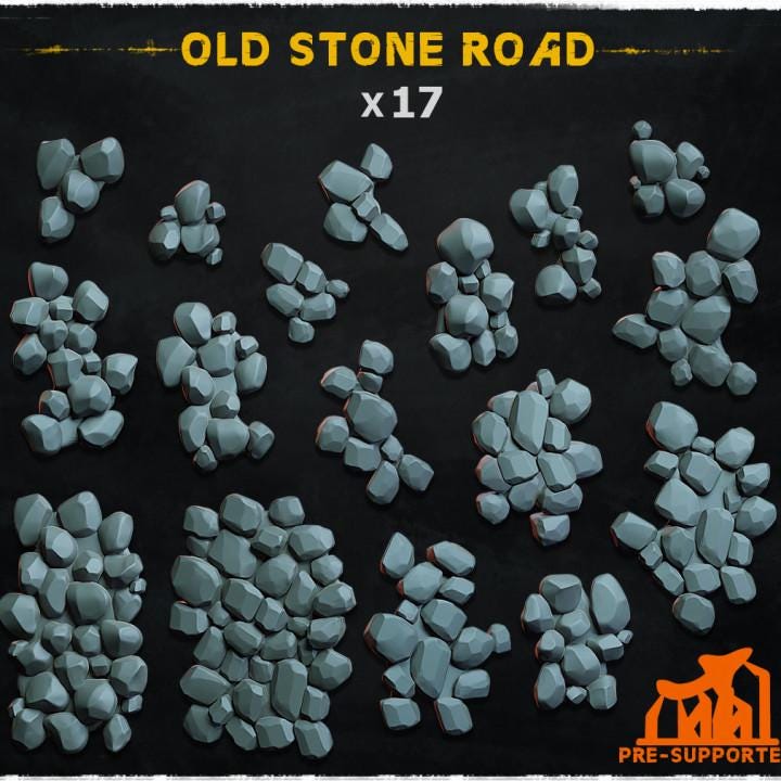 
17pc Old Stone Road (Basing Bits 1.0) 28mm/32mm Scale Ruins Scatter City Ruins Miniatures DnD 40K Destroyed Scenery Elements Street Basing