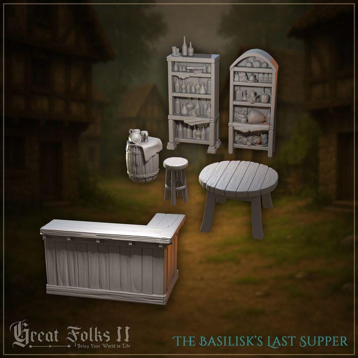 
6pc Tavern Bar Furniture Set Basilisk’s Last Supper Miniatures for Dungeons and Dragons 28mm/32mm TTRPG Mini Furniture - GG