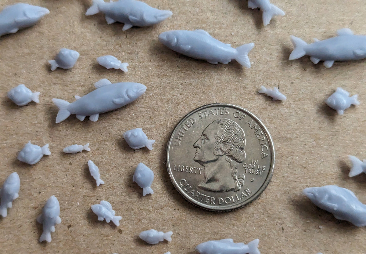 
50pc Fish Miniature 3D Printed DnD Scatter Terrain Dungeons and Dragons Basing Bits for Scenery Scatter D&D TTRPG Miniature Basing Material