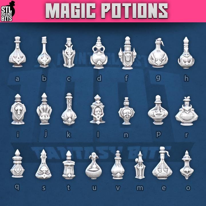 
30pc Mix of Potion Miniatures for Dungeons and Dragons 28mm/32mm Basing Bits DnD Terrain Scenery Scatter D&D TTRPG Mini Basing Material- STL
