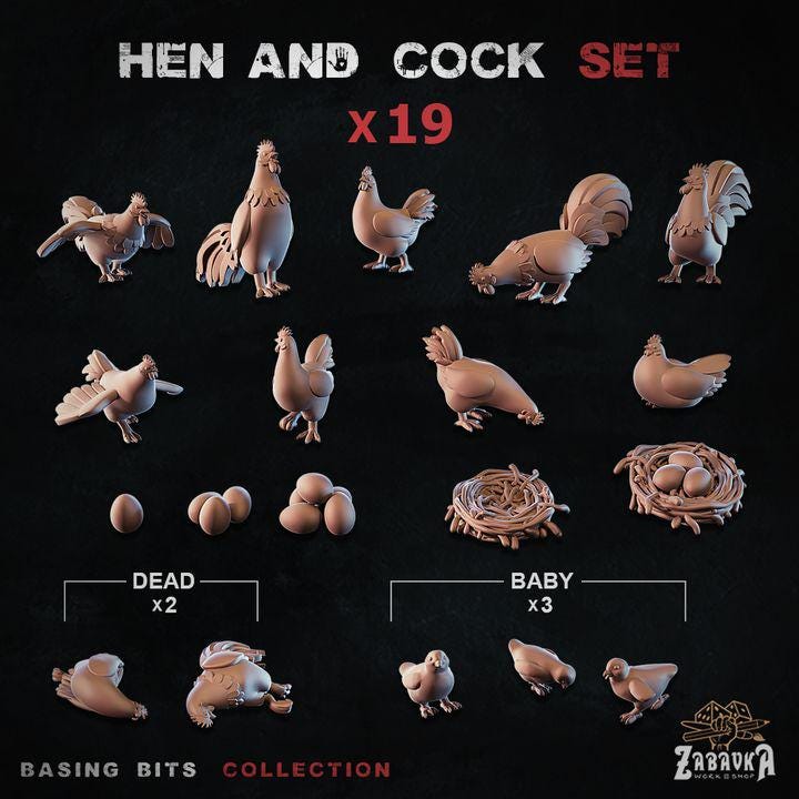 
19pc Hen and Cock Miniature Set for DnD Dungeons and Dragons 28mm/32mm Chicken Mini Scatter Terrain Basing Bits TTRPG Minis Farm Scatter ZbW
