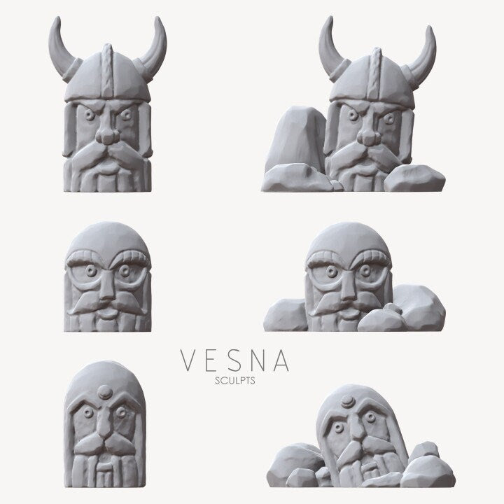 
6pc Face Shaped Rock Miniatures DnD Dungeons and Dragons TTRPG Miniatures 28mm/32mm Viking Dwarf Rock Faces DnD Scatter Terrain Village