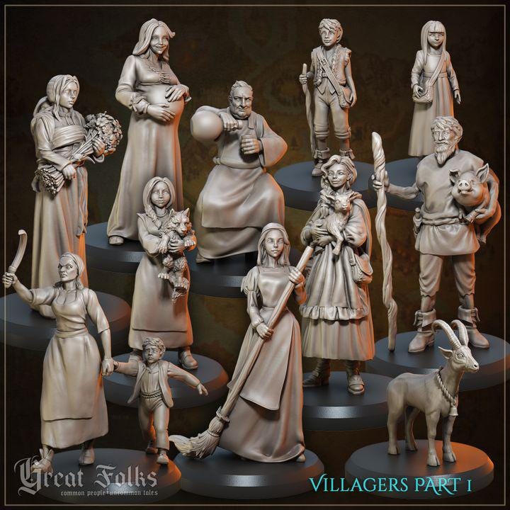 
12pc Villagers Set DnD Dungeons and Dragons 28mm/32mm Commoners TTRPG wargame NPCs townsfolk Pregnant Lady Farmers Children Grandma Animals