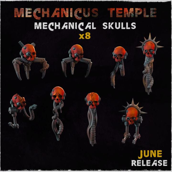 
8pc Mechanical Skulls - Basing Bits (Mechanicus Temple) 28mm/32mm Sci-fi Fantasy Wargaming Battle Death Scatter Cyberpunk Scenery Elements