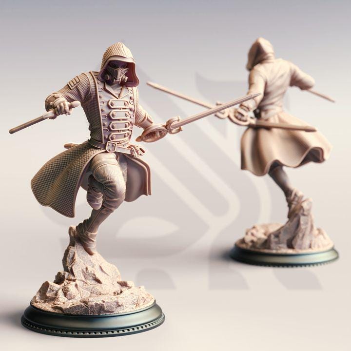 
Masked Fighter Miniature Dungeons and Dragons Steampunk Assassin Rogue Mini RPG Tabletop Miniature Pathfinder 5e Brutus Valentius - DmS