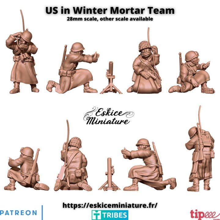 
US Winter Mortar Team WW2 – 15mm 20mm 28mm 32mm 1 35 Scale – American Infantry Support Unit – Eskice Miniature