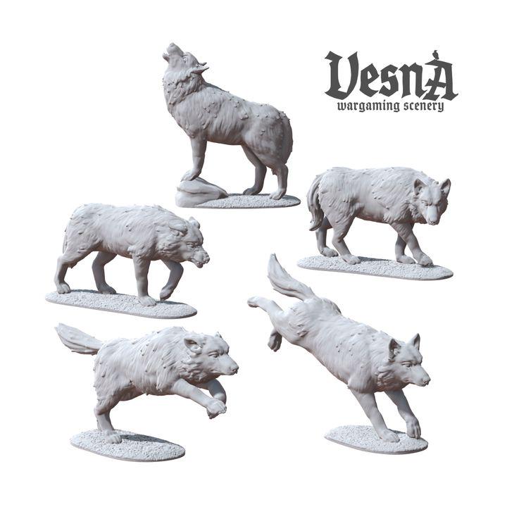 
5pc WOLVES PACK Miniatures DnD Dungeons and Dragons DnD Scatter Terrain 28mm/32mm Wild Animal Diorama Scene Animals - VS