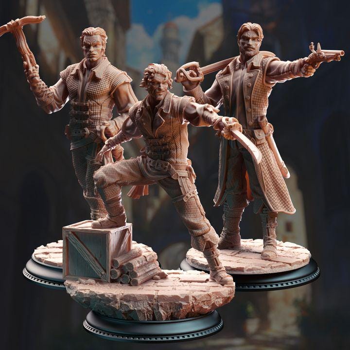 
3pc Bandit Swashbuckler Thugs DnD Dungeons and Dragons 28mm/32mm TTRPG Wargame Miniature DnD 5e Pathfinder Cartel Enforcers Human Fighters