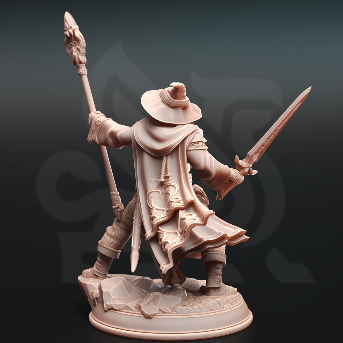
A Powerful Wizard Armed with A Sword and Magical Staff for DnD Dungeons and Dragons 28mm/32/38mm