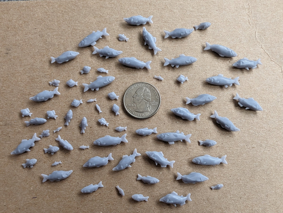 
50pc Fish Miniature 3D Printed DnD Scatter Terrain Dungeons and Dragons Basing Bits for Scenery Scatter D&D TTRPG Miniature Basing Material