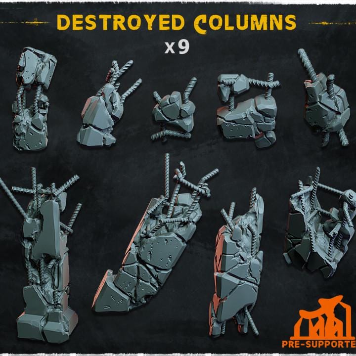 
9pc Destroyed Columns (Basing Bits 1.0) 28mm/32mm Scale Infrastructure Scatter Wargaming Concrete Rubble Miniatures Destroyed City Elements