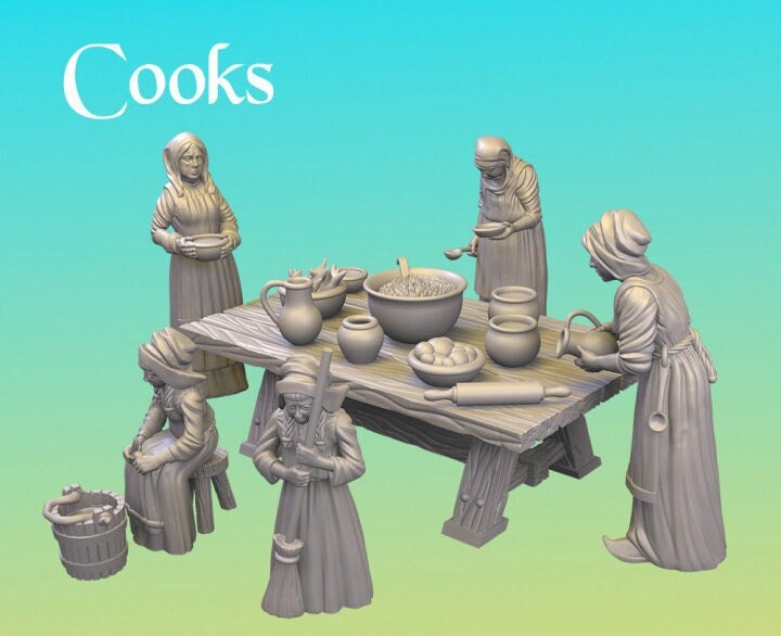 
Tavern Cooks DnD Dungeons and Dragons TTRPG Wargame Scatter Terrain Female Cook NPCs Townsfolk NPCs Wargame Miniatures Food Diner
