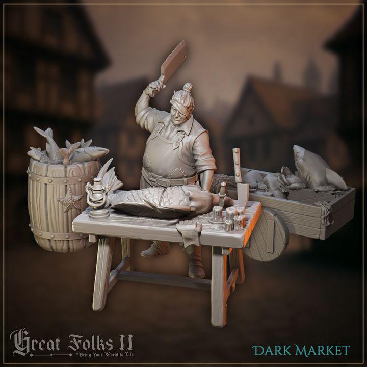 
Dark Market Fish Market Vendor Stall for Dungeons and Dragons 28mm/32mm TTRPG Diorama NPC Butcher Figurine Fish Cart and Barrel - GG