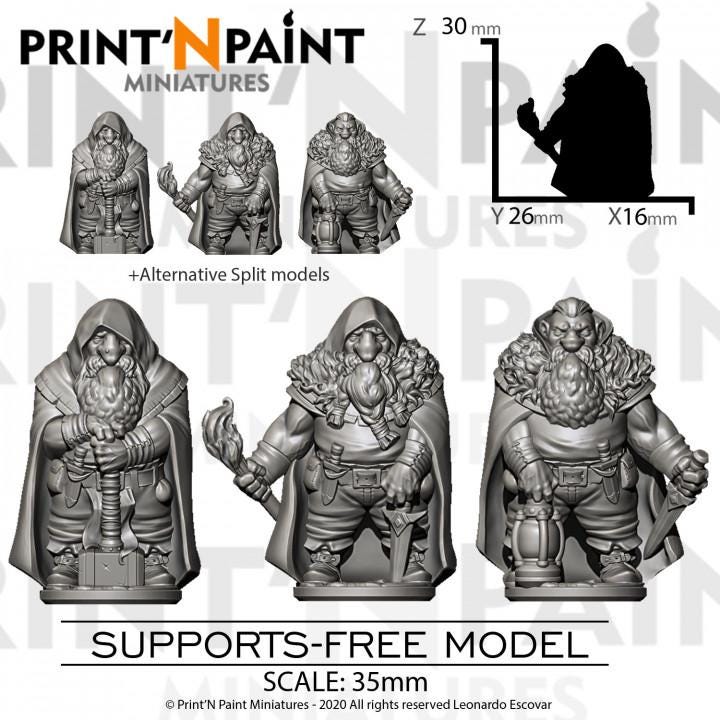 
3pc Dwarf Explorers – Fantasy Miniature Set – 28mm 32mm 35mm Scale – Tabletop RPG Figures for DnD & Pathfinder – Gray PLA 3D Printed –PnP