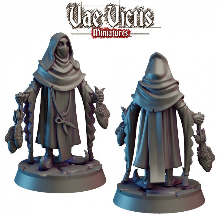 
Mysterious Fish vendor, DnD, Dungeons and Dragons, Market Miniatures, Scatter Terrain DnD Dungeons, 28mm 32mm Scale Figurines, Fisherman