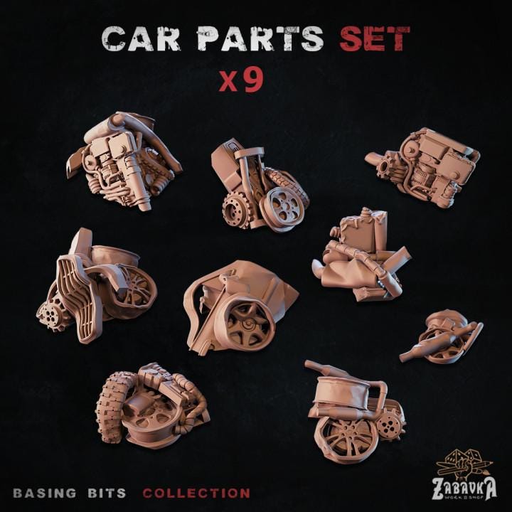 
9pc Car Parts - Basing Bits 28mm/32mm Scrapyard TTRPG Basing Materials Junkyard Mechanical Scrap Exhaust Engine Miniatures Junk ScatterZbW