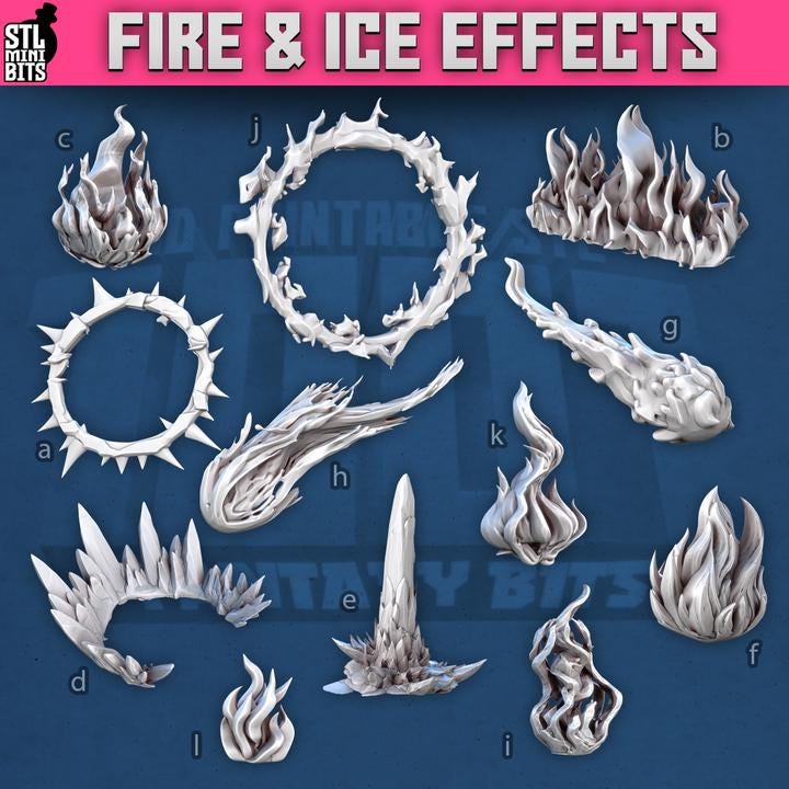 
12pc Fire and Ice Effects for Dungeons and Dragons 28mm/32mm Basing Bits DnD Scatter Scenery Scatter D&D TTRPG Spell Miniatures - STL