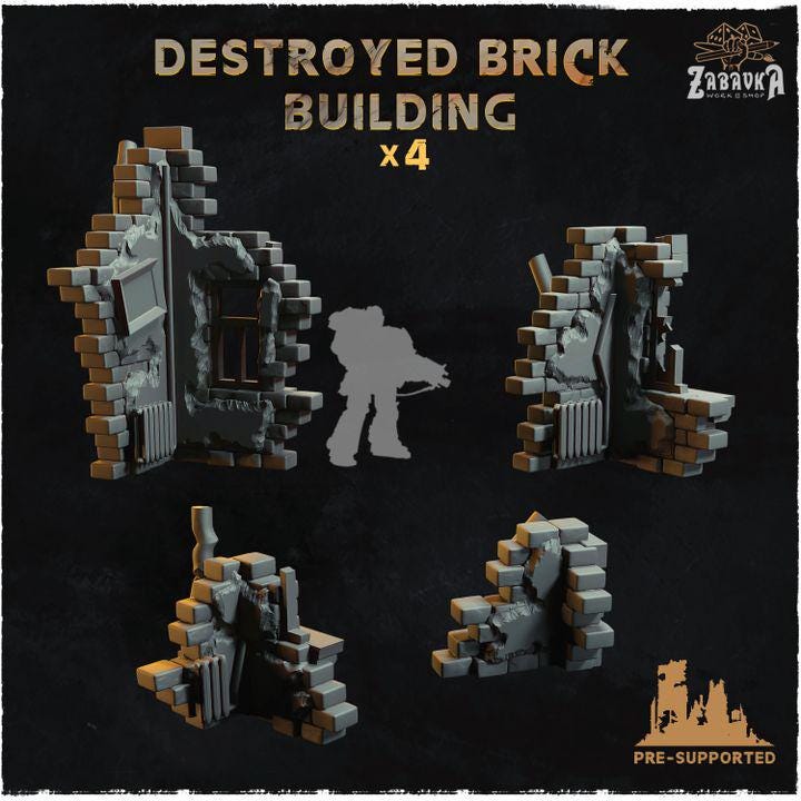 
4pc Destroyed Brick Building (Basing Bits 2.0) 28mm/32mm TTRPG Wargaming Urban City Ruins  Infrastructure Scatter Destroyed Brick Elements