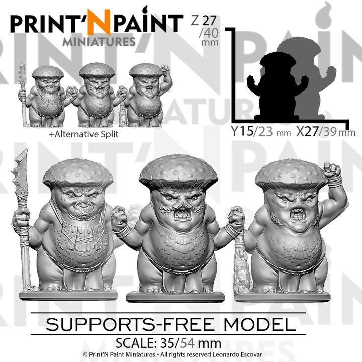 
3pc Fungus Fighters – Fantasy Mushroom Warrior Set – 28mm 32mm 35mm Scale – Tabletop RPG Figures for DnD & Pathfinder – Gray PLA –PnP