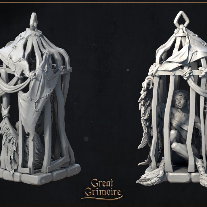 
Birdfolk Captive Caged Avian DnD Dungeons and Dragons 28mm/32mm TTRPG Wargame Scatter Terrain Captured NPC Jail Miniature Haunted House prop