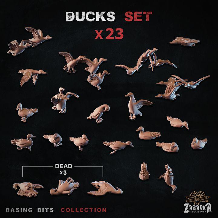 
23pc Duck Miniatures DnD Dungeons and Dragons 28mm/32mm TTRPG  Scatter Scenery Dead and Alive Flying Ducks Basing Bit Scenery Flying birds