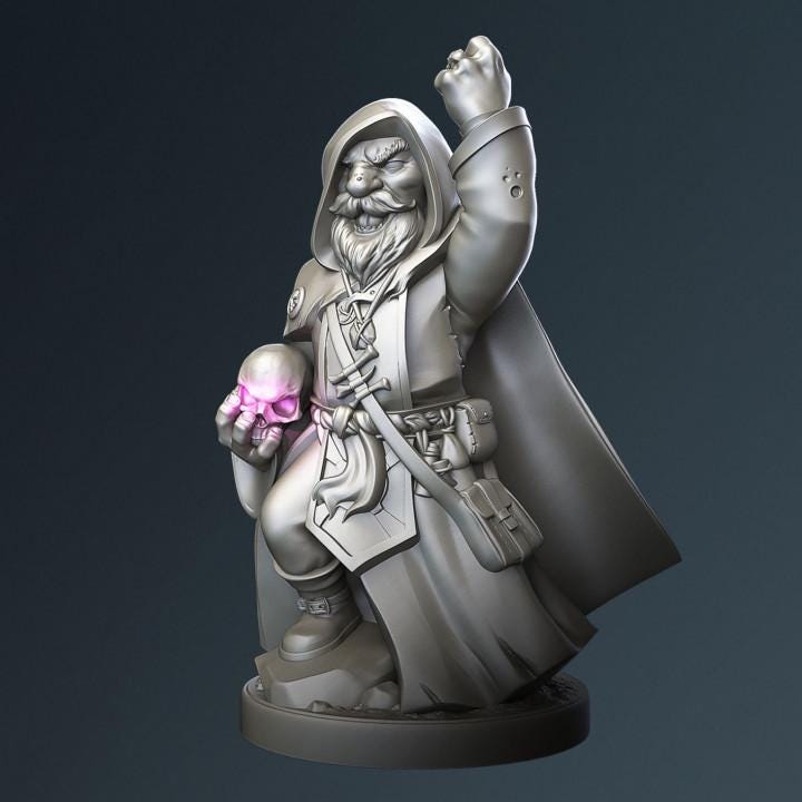 
Gnome Warlock Grimbrann – Fantasy Spellcaster Miniature – 28mm 32mm 35mm Scale – Tabletop RPG Figure for DnD & Pathfinder – Gray PLA –PnP