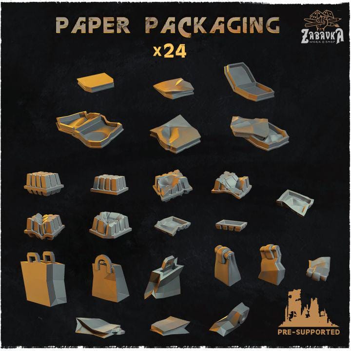 
24pc Paper Packaging (Basing Bits 2.0) 28mm/32mm Scale Scatter Terrain Basing Materials Garbage Miniatures Post-apocalyptic Street Scenery