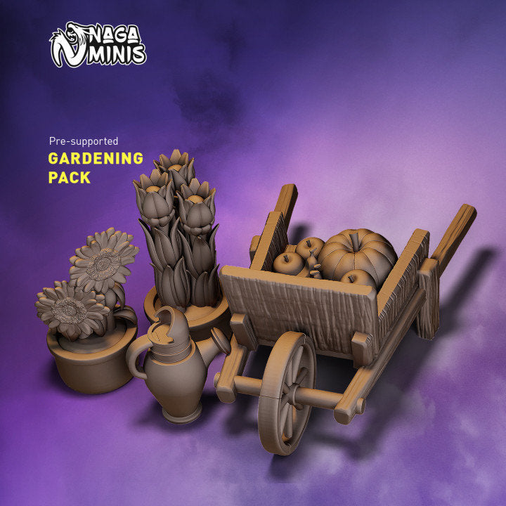 
Gardening Scenery DnD Dungeons and Dragons 28mm/32mm TTRPG Wargame Mini Scatter Terrain Flower Watering jug and Wheelbarrow Farm Scatter