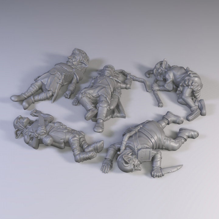 
5pc Dead Goblins DnD Dungeons and Dragons Tabletop RPG Minis 28mm 32mm Casualty Markers Corpse Miniatures Pathfinder Fantasy RPG