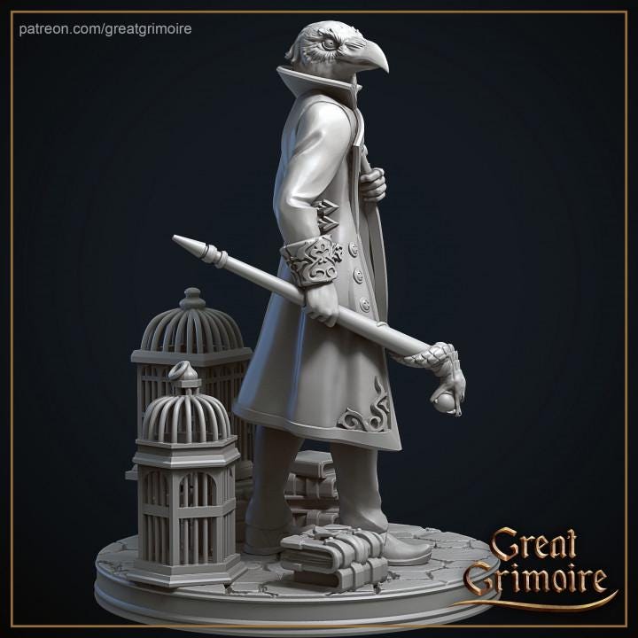 
Dr Miles Rook Bird Miniature for Dungeons and Dragons 28mm/32mm TTRPG Cage Miniatures Scatter Base - GG