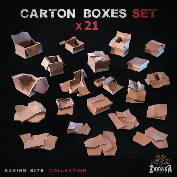 
21pc Carton boxes - Basing Bits 28mm/32mm TTRPG Garbage Basing Cardboard Packaging Scatter Dystopian Street Trash Sci-fi Scenery ElementsZbW