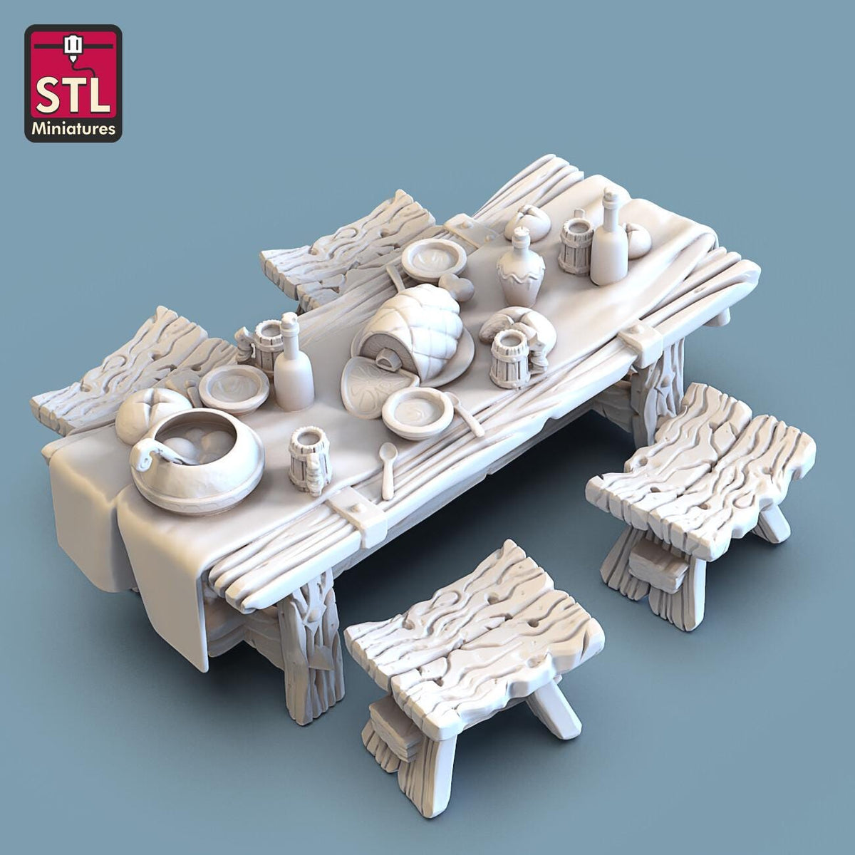 
Food Table v2 DnD Dungeons and Dragons 28mm/32mm Tavern Scatter Scenery Prop Miniatures Food Miniature Table and Stools Set TTRPG Fantasy