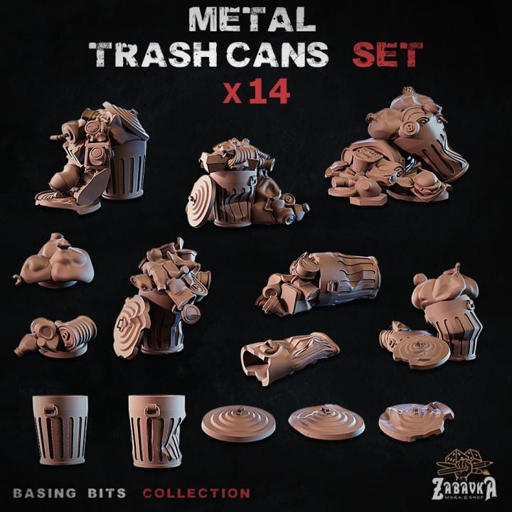 
14pc Metal Trash Cans - Basing Bits 28mm/32mm Scale Garbage Scatter Terrain Basing Materials City Landfill Dystopian Urban Scenery Elements