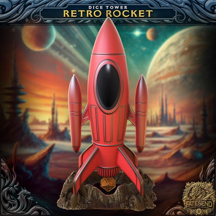 
Retro Rocket Dice Tower – Sci-Fi Dice Roller for DnD, Starfinder & TTRPGs – Vintage Space-Themed Tabletop Prop, FatesEnd
