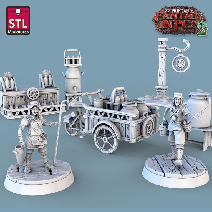 
Milk Man Set, Milk Vendor, DnD Market, Dungeons and Dragons, Cart Miniature, TTRPG Fantasy, 28mm 32mm Scale, Townsfolk, Market Stall Mini