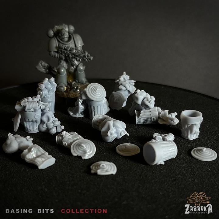 
14pc Metal Trash Cans - Basing Bits 28mm/32mm Scale Garbage Scatter Terrain Basing Materials City Landfill Dystopian Urban Scenery Elements
