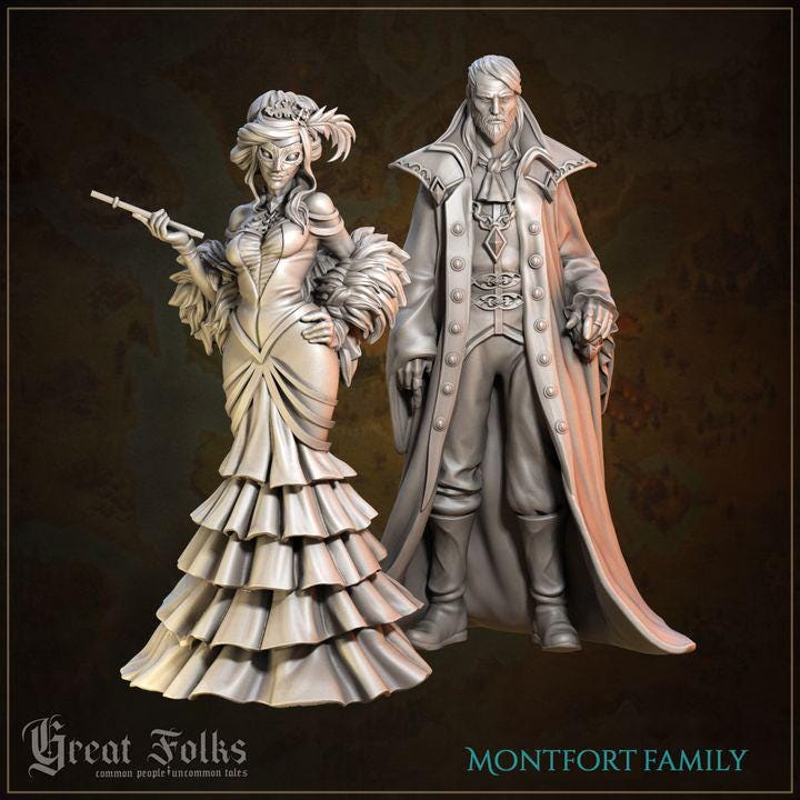 
2pc Montfort Family DnD Dungeons and Dragons TTRPG Wargame Miniatures 28mm/32mm Townsfolk NPCs  Medieval Villagers Fantasy Figurines