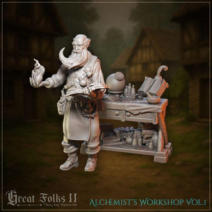 
Alchemists Workshop NPC and Scatter for Dungeons and Dragons 28mm/32mm TTRPG Townsfolk npc Miniature Villager - GG