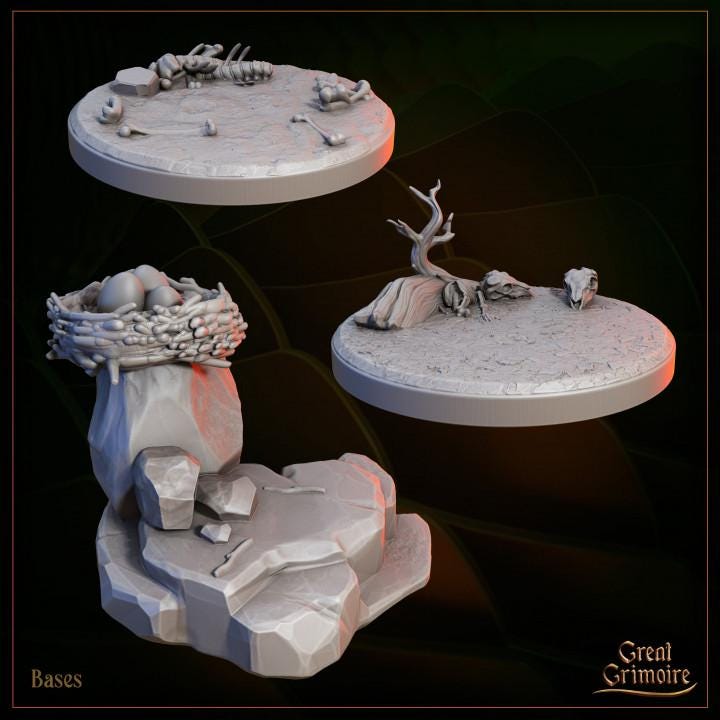 
3 Wing forge Bases for Dungeons and Dragons for 28mm/32mm Minis TTRPG Birds Nest Scatter Rocks Skulls Bones Bases - GG