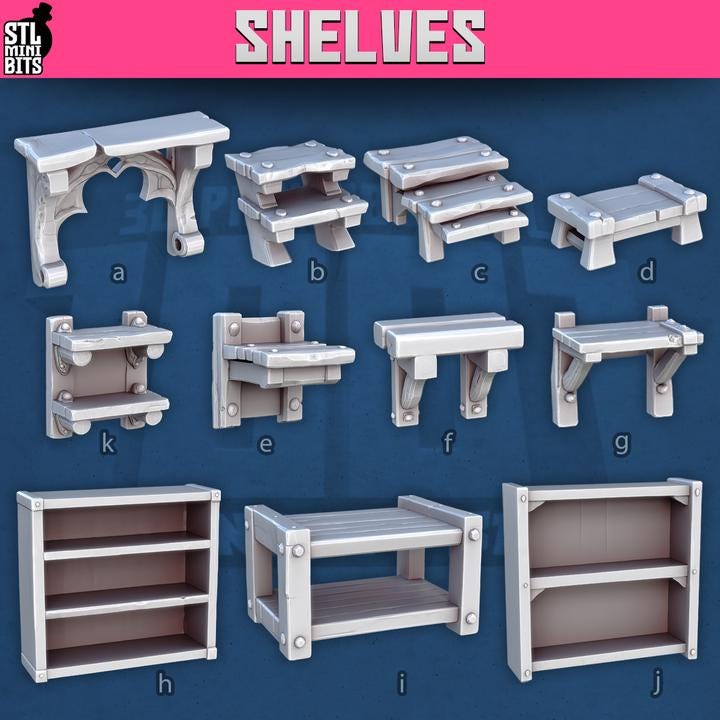 
Shelve Miniatures for Dungeons and Dragons 28mm/32mm Wargame Props DnD Scatter Terrain Scenery Scatter D&D TTRPG Tavern Furniture - STL
