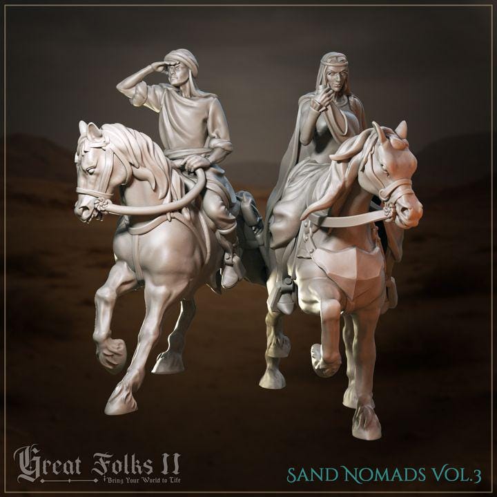 
4pc Sand Nomads V3 NPCs for Dungeons and Dragons 28mm/32mm TTRPG Diorama Miniature RPG Townsfolk Figurines Horse Miniatures Desert NPCs - GG