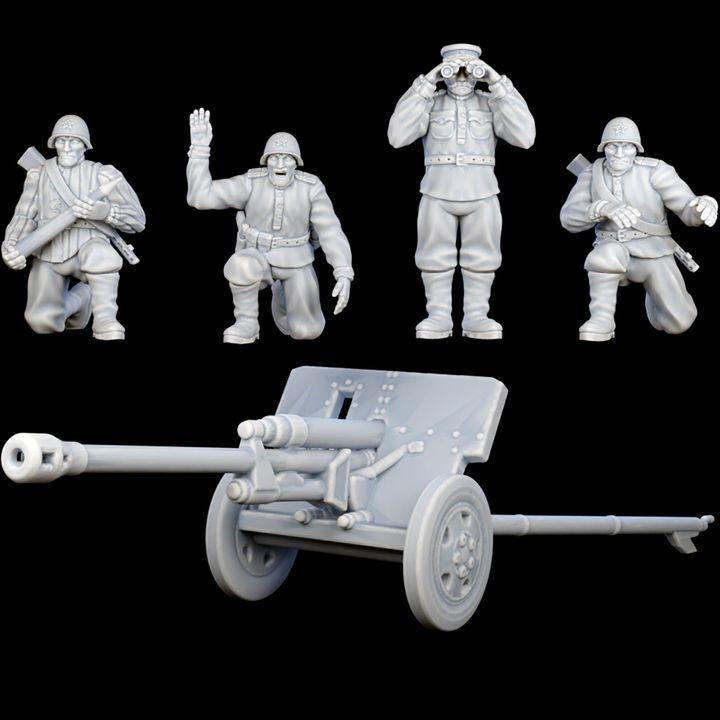 
5pc Cannon Crew Soldiers WWII for TTRPGs 15mm/25mm/28mm/32mm WW2 Soldiers Soviet Union Russia Army men Wargame Miniature Soldiers