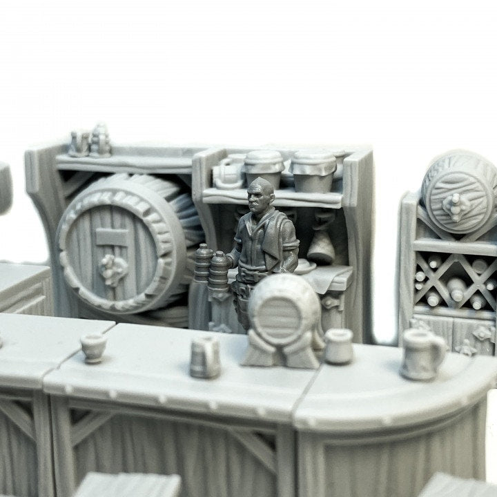 
Tavern Bar DnD Miniature Terrain for Dungeons and Dragons D&D Pathfinder 28mm 32mm Furniture  Bar Stools and Barrels