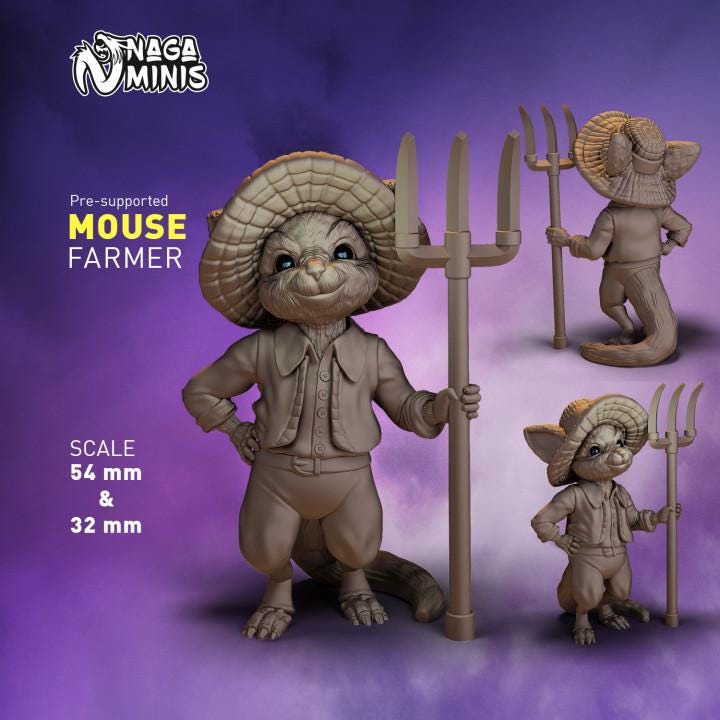 
Mouse Folk Farmer with Pitchfork DnD Dungeons and Dragons  28mm 32mm D&D Wargame Miniatures for Dioramas TTRPG Fantasy - Nm