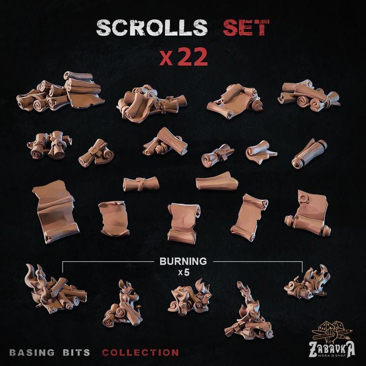 
22pc Scroll Miniature Set DnD Dungeons and Dragons 28mm/32mm TTRPG Scatter Scenery Wargame Minis Scrolls on fire Basing Bits Library Scatter
