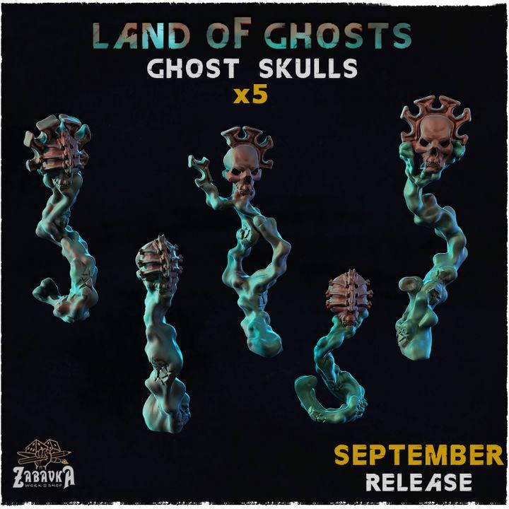 
5pc Ghost Skulls Land of Ghosts DnD Dungeons and Dragons TTRPG Fantasy Wargame Miniatures Scatter Scenery Skull FigurinesZbW