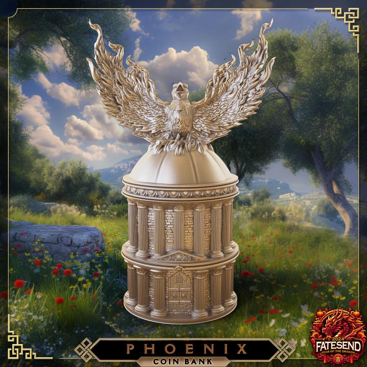
Phoenix Coin Bank – Fantasy Temple Bank – Mythical Phoenix Decor – D&D Coin Storage – RPG Tabletop Display, FatesEnd