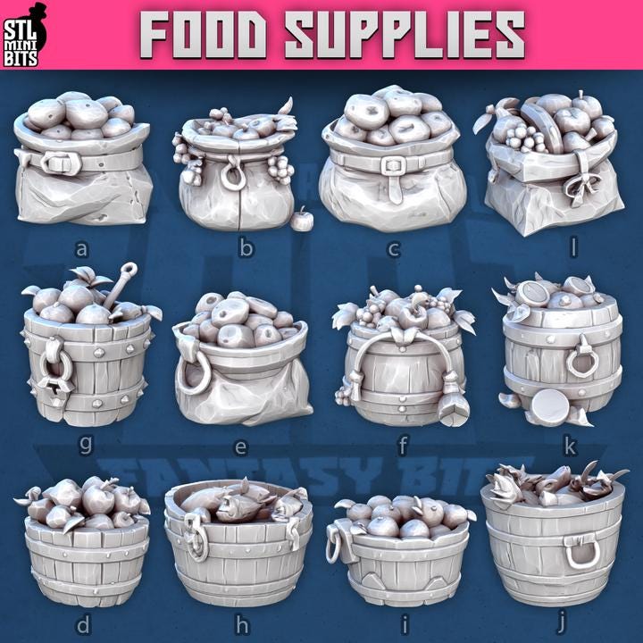 
12pc Food Supplies for Dungeons and Dragons 28mm/32mm Basing Bits DnD Scatter Terrain Scenery Scatter D&D TTRPG Mini Basing Material - STL